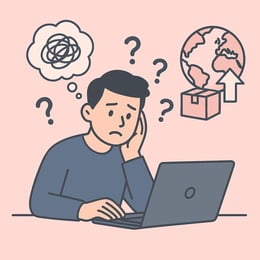 A simple and modern illustration showing a company employee who wants to sell products overseas but 