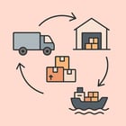 A simple modern illustration representing logistics services, with a soft pink background. Include m