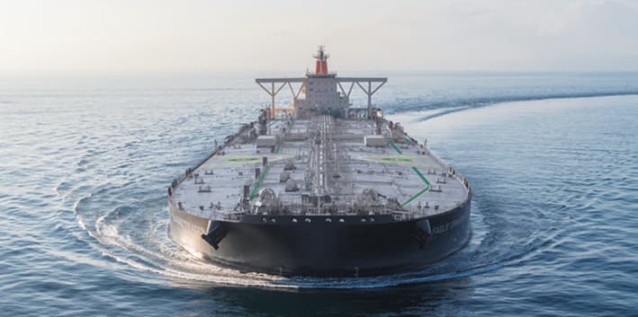 Aerial front view of crude oil tanker