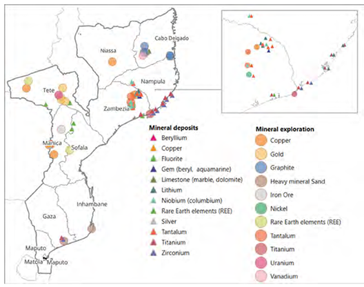 Distribution of major mineral deposits and mining areas in Mozambique