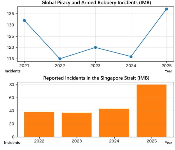 Trends in piracy incidents worldwide and in the Singapore Strait (IMB reported data). (1)