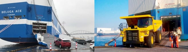 自動車専用船　ショアランプから積載される自動車