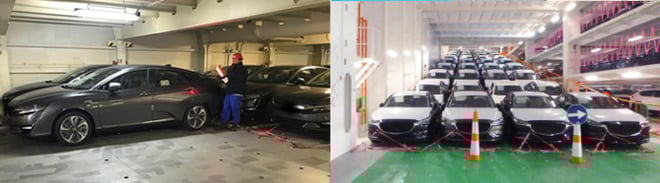 自動車輸送　ラッシングベルトで固縛された自動車