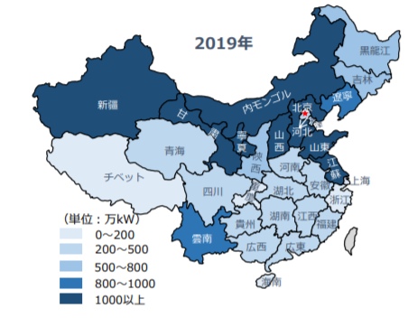 中国の風力発電累計設備容量分布