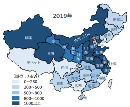 中国の太陽光発電累計設備容量分布