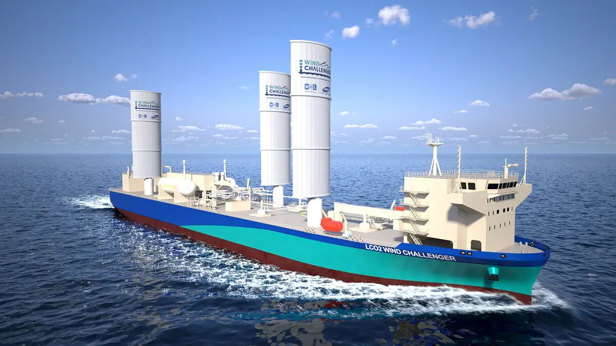 Liquefied CO₂ Carrier Equipped with Three Wind Challenger Sails (Concept Image) Liquefied CO₂ Carrier Equipped with Three Wind Challenger Sails (Concept Image)