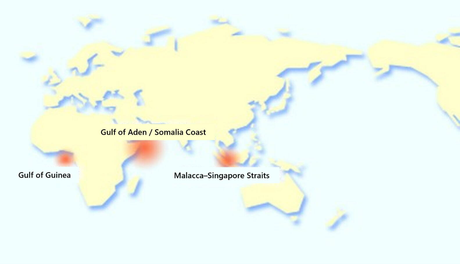 Major areas where modern piracy frequently occurs. Incidents are not limited to the regions shown above; cases are also reported every year in other areas, including Central and South America. See the next sl