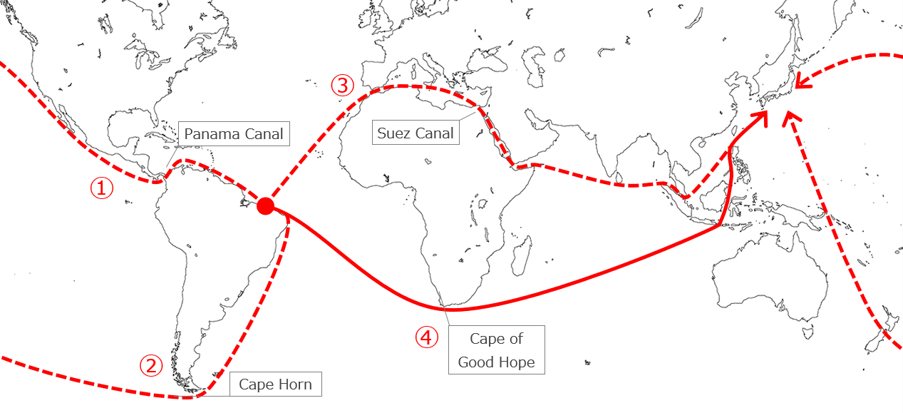 4 possible route from Brasil to Japan